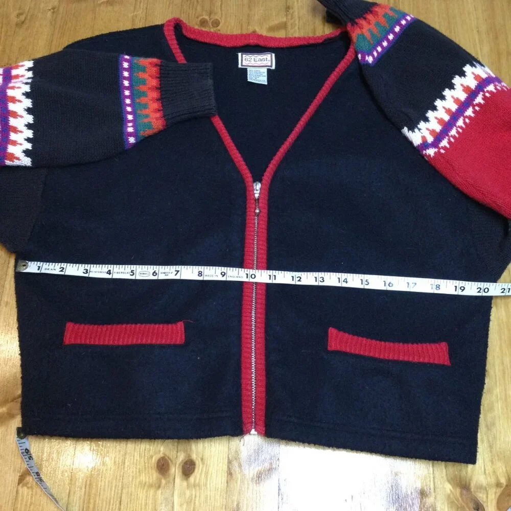 Vintage 90s 62 East Womens Aztec Cardigan Sweater Zip Front Black Red Western M